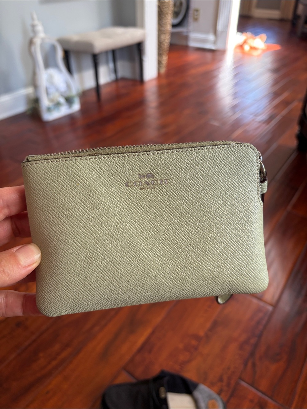 Coach Pebbled Leather Wristlet in Sage Green